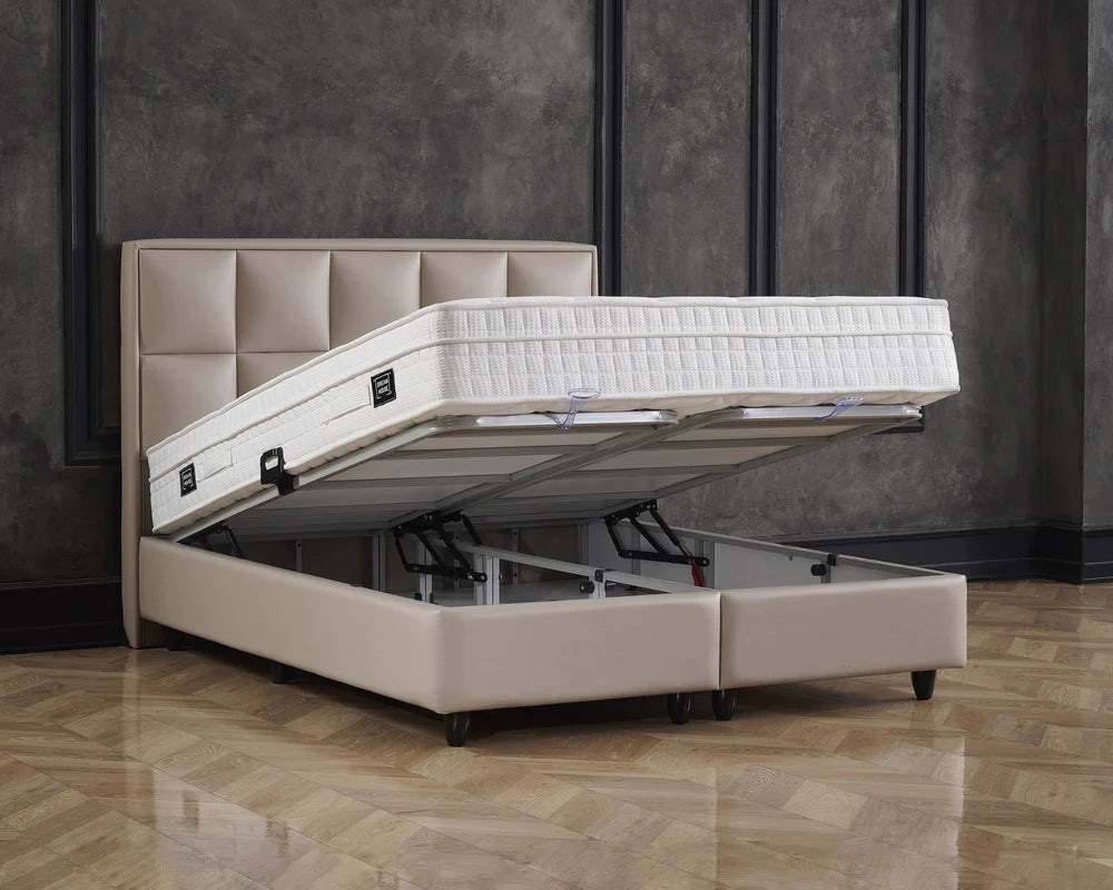 Boxspring met opbergruimte - Cosmo (Miami) Beige - Complete set - Luxe 7-zone matras 500 pockets/m² met ingebouwde topper