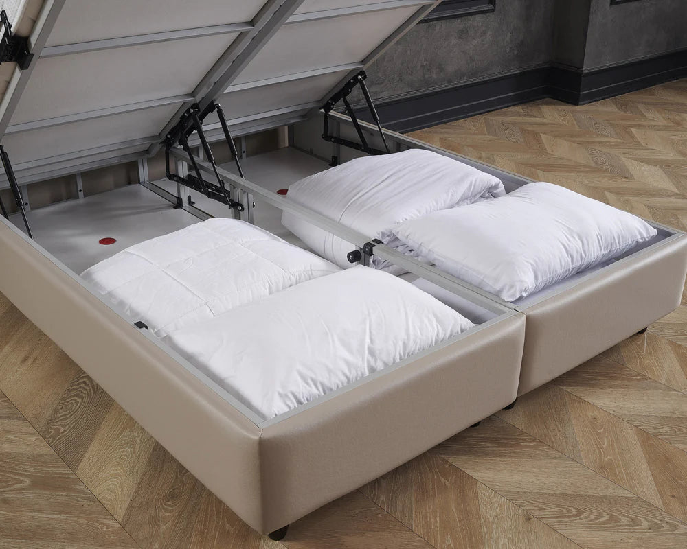 Boxspring met opbergruimte - Cosmo (Miami) Beige - Complete set - Luxe 7-zone matras 500 pockets/m² met ingebouwde topper