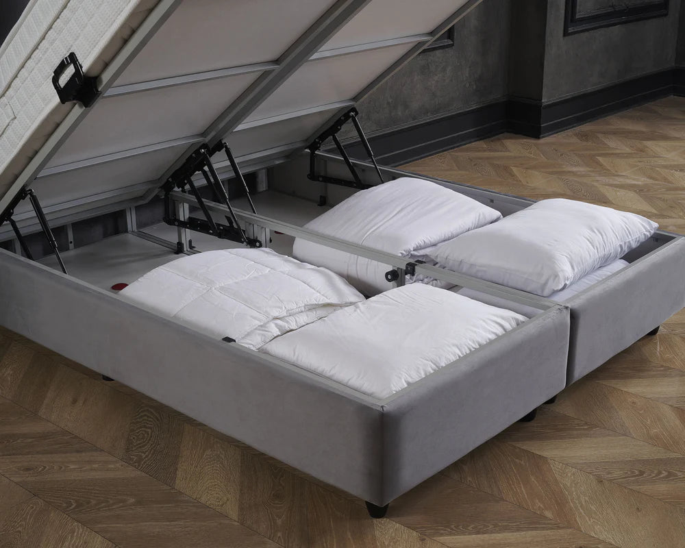 Boxspring met opbergruimte - Cosmo (Miami) Antraciet - Complete set - Luxe 7-zone matras 500 pockets/m² met ingebouwde topper