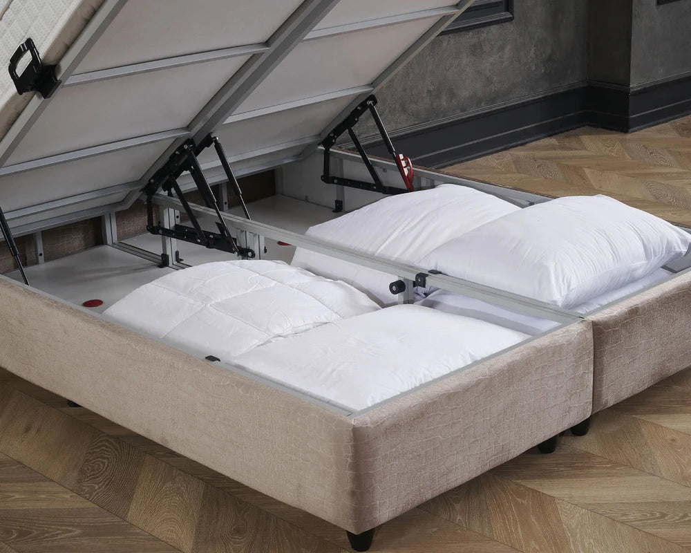 Boxspring met opbergruimte - Snakeskin Taupe - Complete set - Luxe 7-zone matras 500 pockets/m² met ingebouwde topper