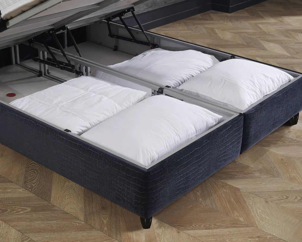 Boxspring met opbergruimte - Snakeskin Zwart - Complete set - Luxe 7-zone matras 500 pockets/m² met ingebouwde topper