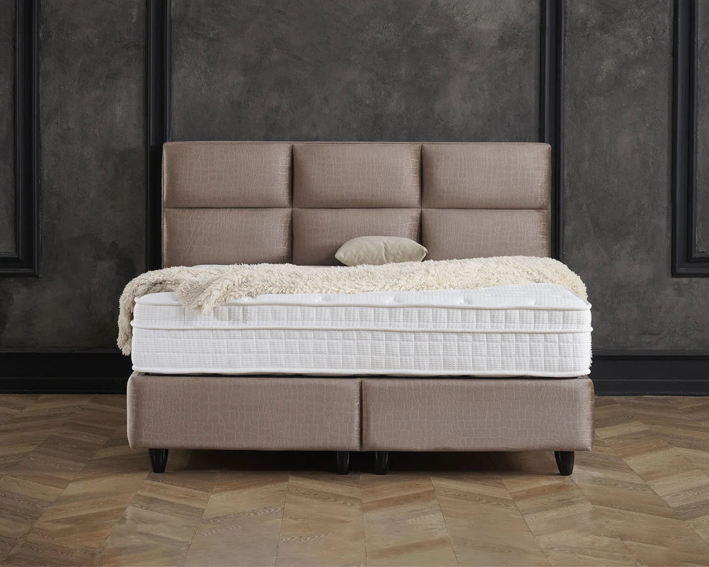 Boxspring met opbergruimte - Snakeskin Taupe - Complete set - Luxe 7-zone matras 500 pockets/m² met ingebouwde topper