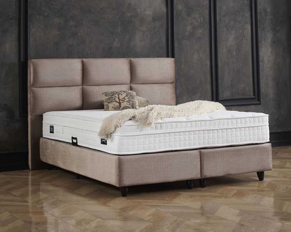 Boxspring met opbergruimte - Snakeskin Taupe - Complete set - Luxe 7-zone matras 500 pockets/m² met ingebouwde topper